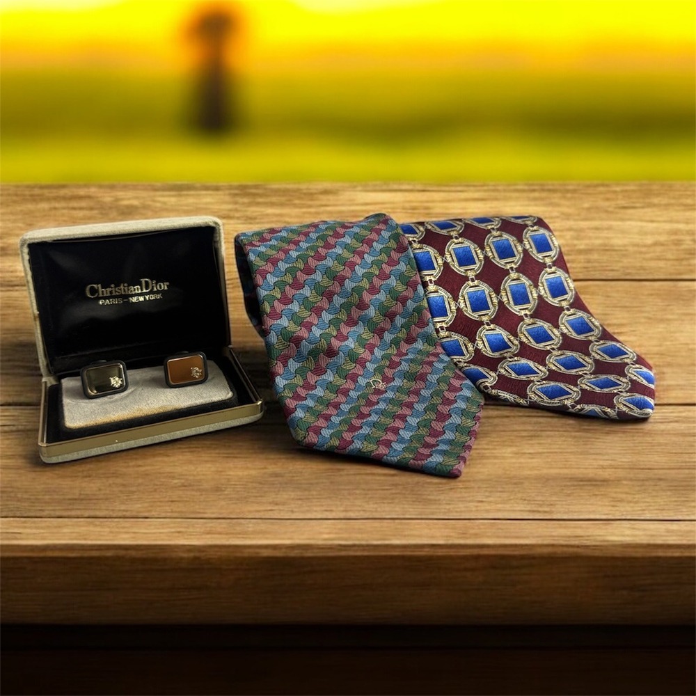 Christian Dior‎ Men's Tie and Cufflink Gift Set Silk Patterned Burgundy Blue